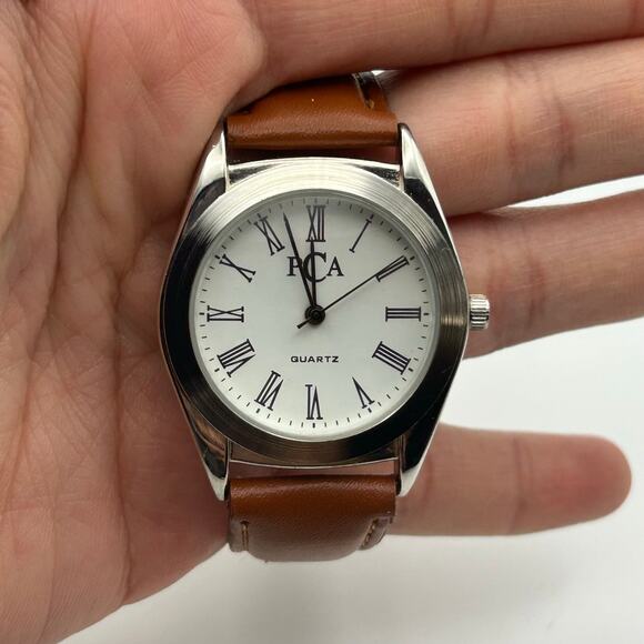 PCA Silver-tone Brown Leather Stainless Steel Quartz Watch Working New Battery main image 4